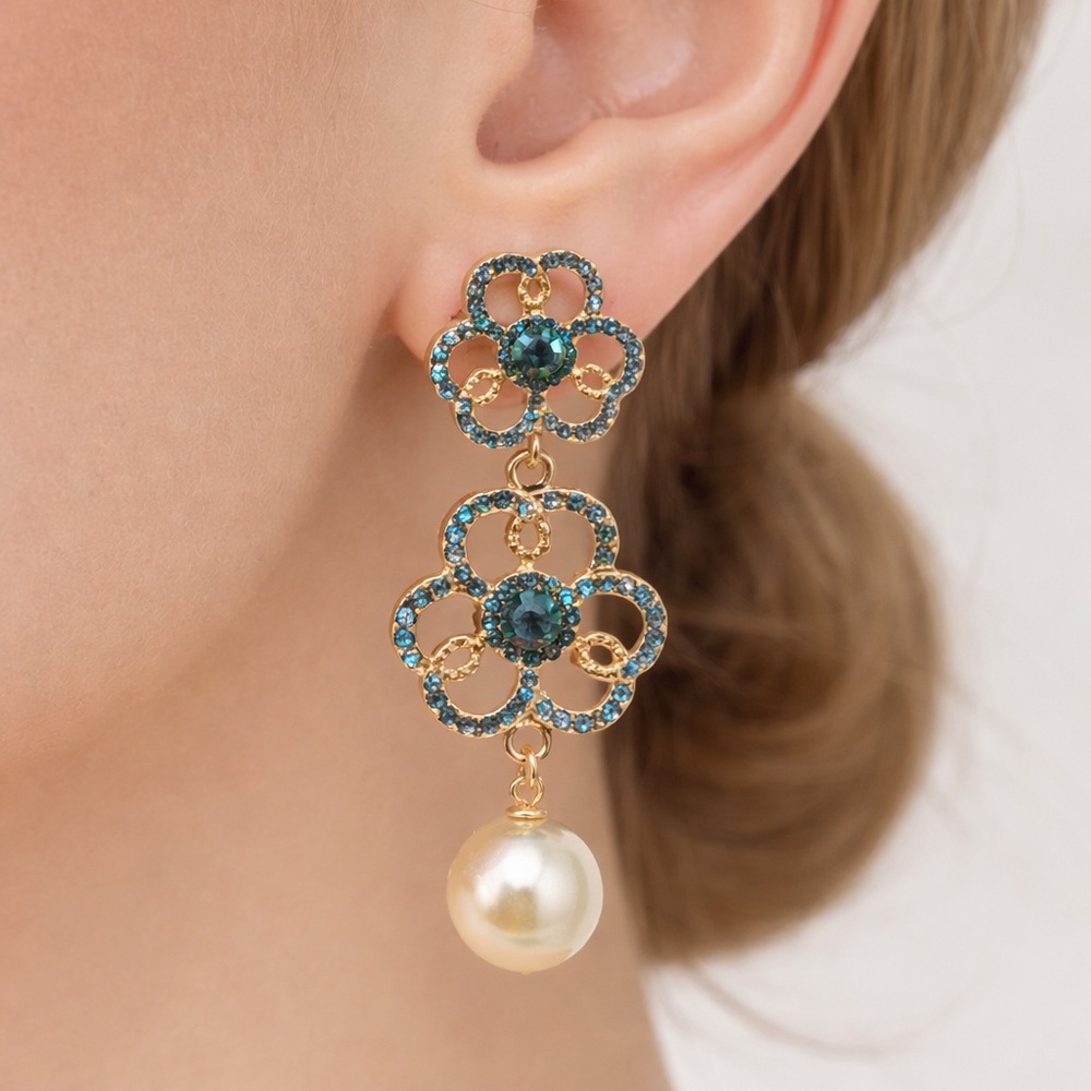 Mint Blue Rhinestone Flower Drop Earrings Gold Tone Faux Pearl Statement